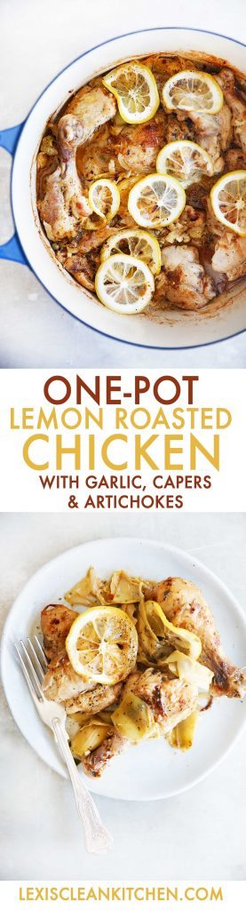 lemon roasted chicken with garlic, capers, and artichokes