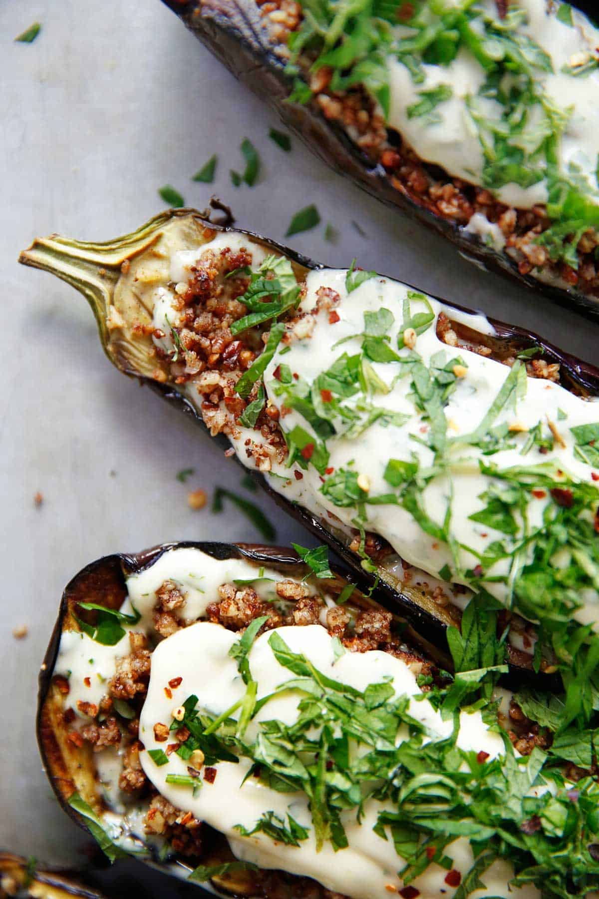 Loaded Grilled Eggplant With Creamy Herb Sauce Lexi S Clean Kitchen