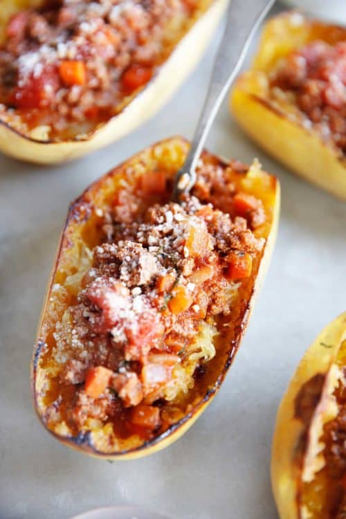 Spaghetti Squash Boats with Homemade Meat Sauce - Lexi's Clean Kitchen