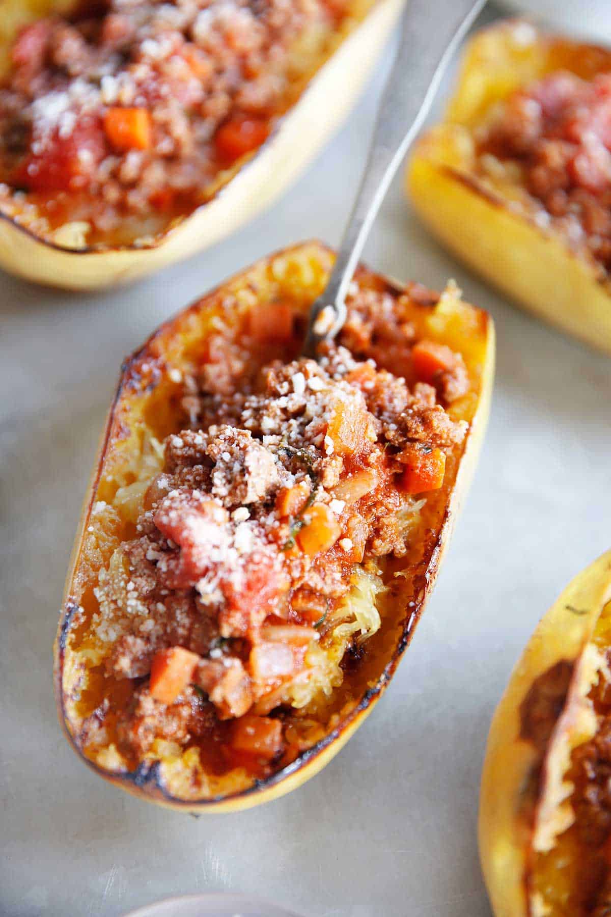 Spaghetti squash with homemade meat sauce.