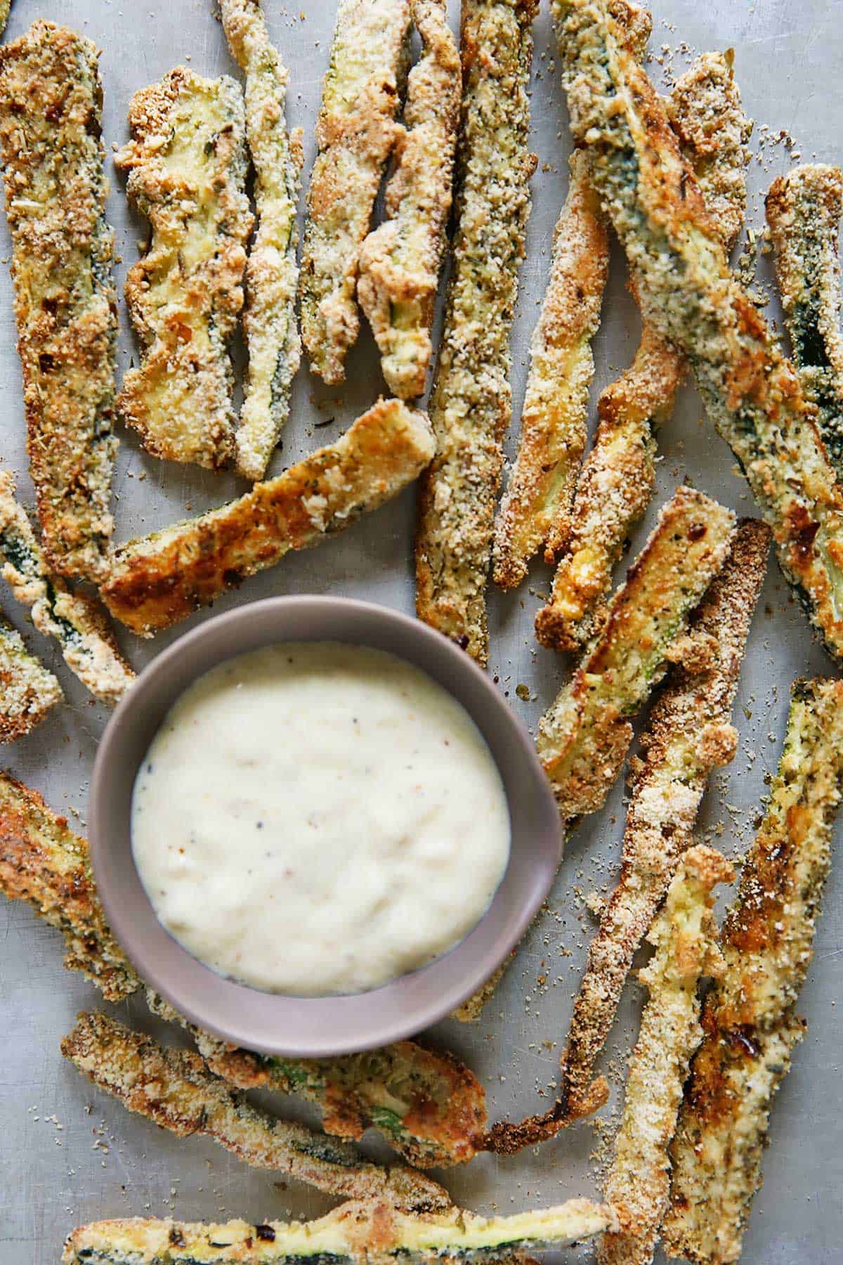 Paleo and Keto Zucchini Fries with roasted garlic dipping sauce