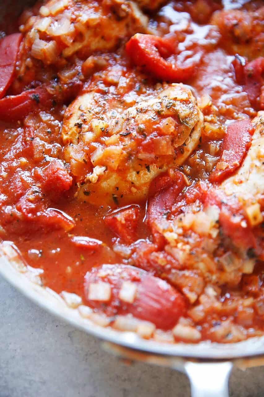 Chicken breast cooked in tomato sauce