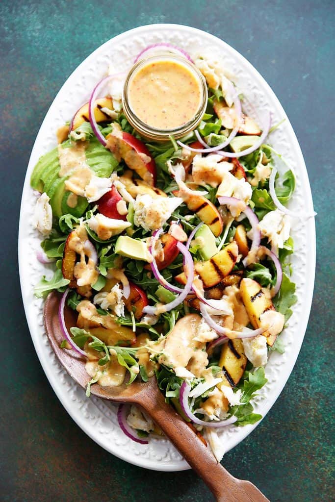 Grilled Peach, Avocado, and Crab Salad with Peach Dressing 