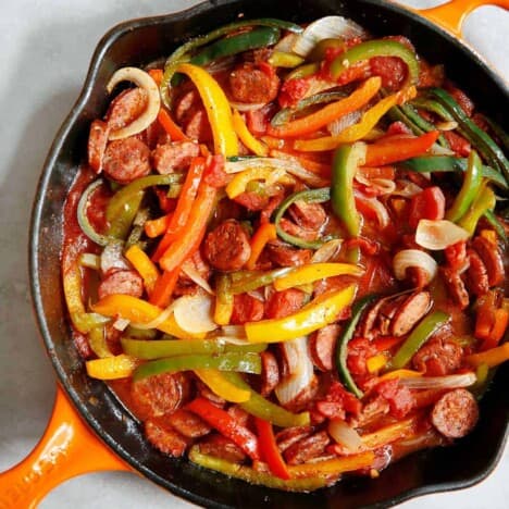 Sausage Peppers and Onions in a skillet