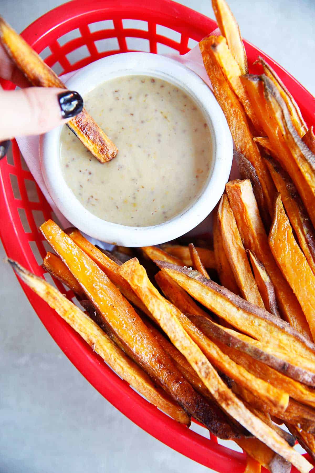 Sweet potato fries baked in the oven with dipping sauce