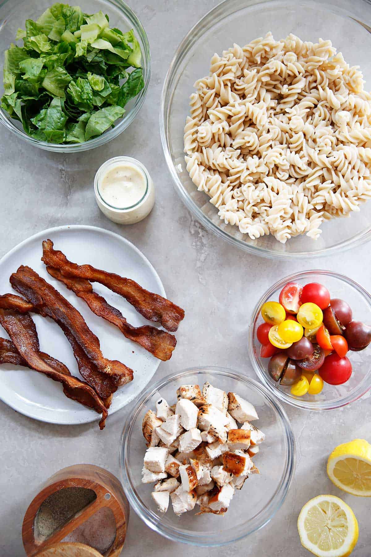 ingredients for chicken caesar pasta salad.