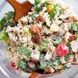 overhead of a bowl of chicken caesar pasta salad.