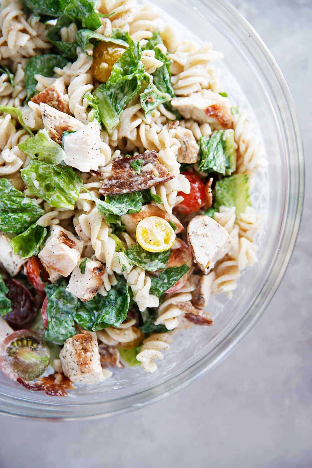 closeup of a bowl of pasta salad.