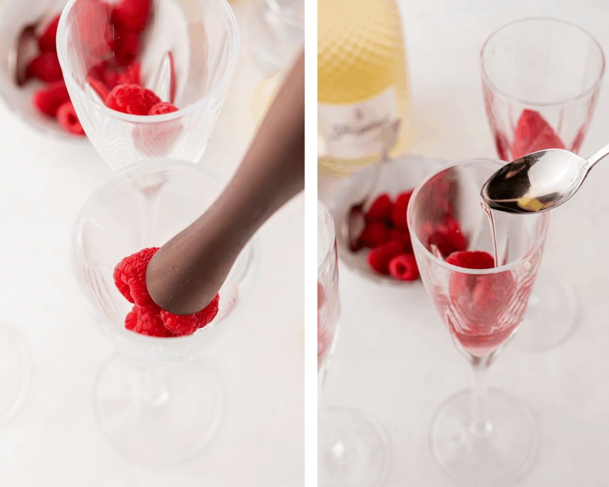 Steps for making a raspberry champagne cocktail.