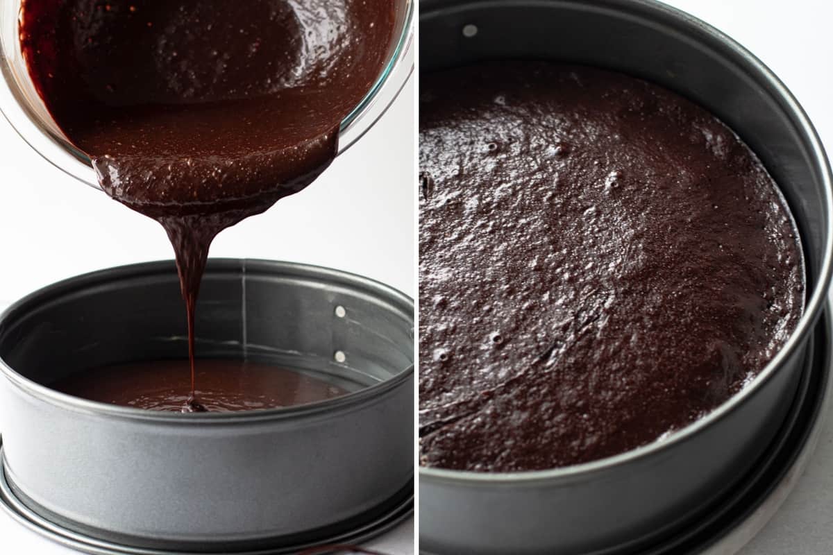 Two images of the preparation of making the paleo flourless chocolate cake.