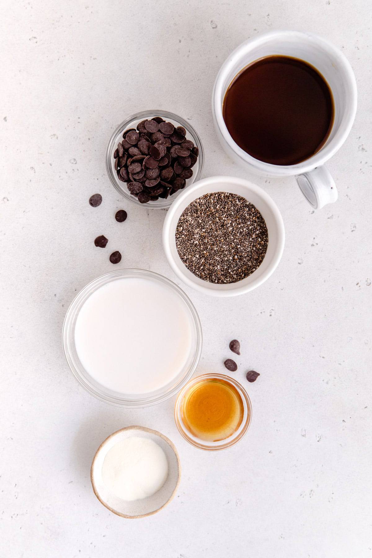 Ingredients for coffee chocolate chia seed pudding