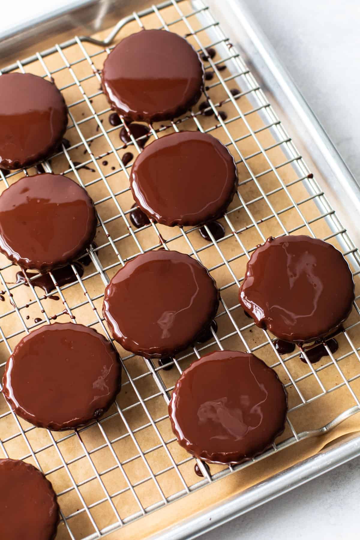 Chocolate glaze on top of thin mints.