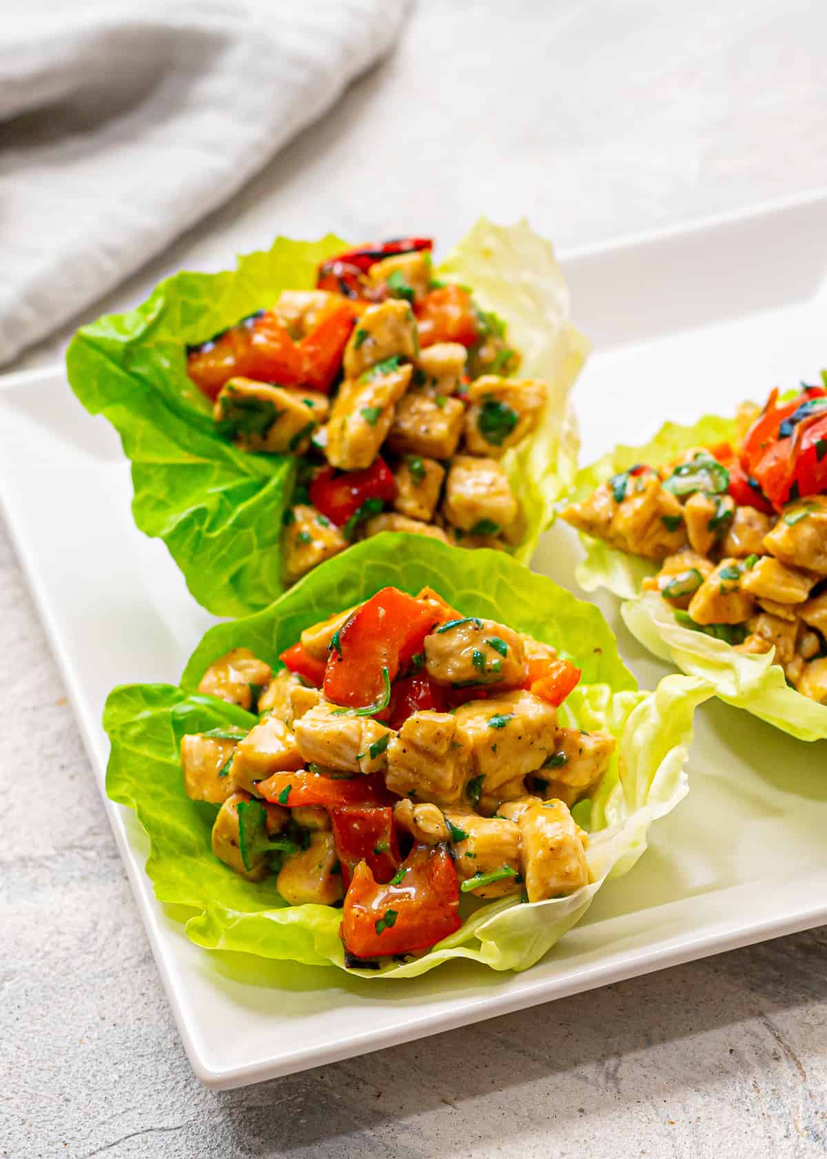 Mayo-free chicken salad in lettuce cups.