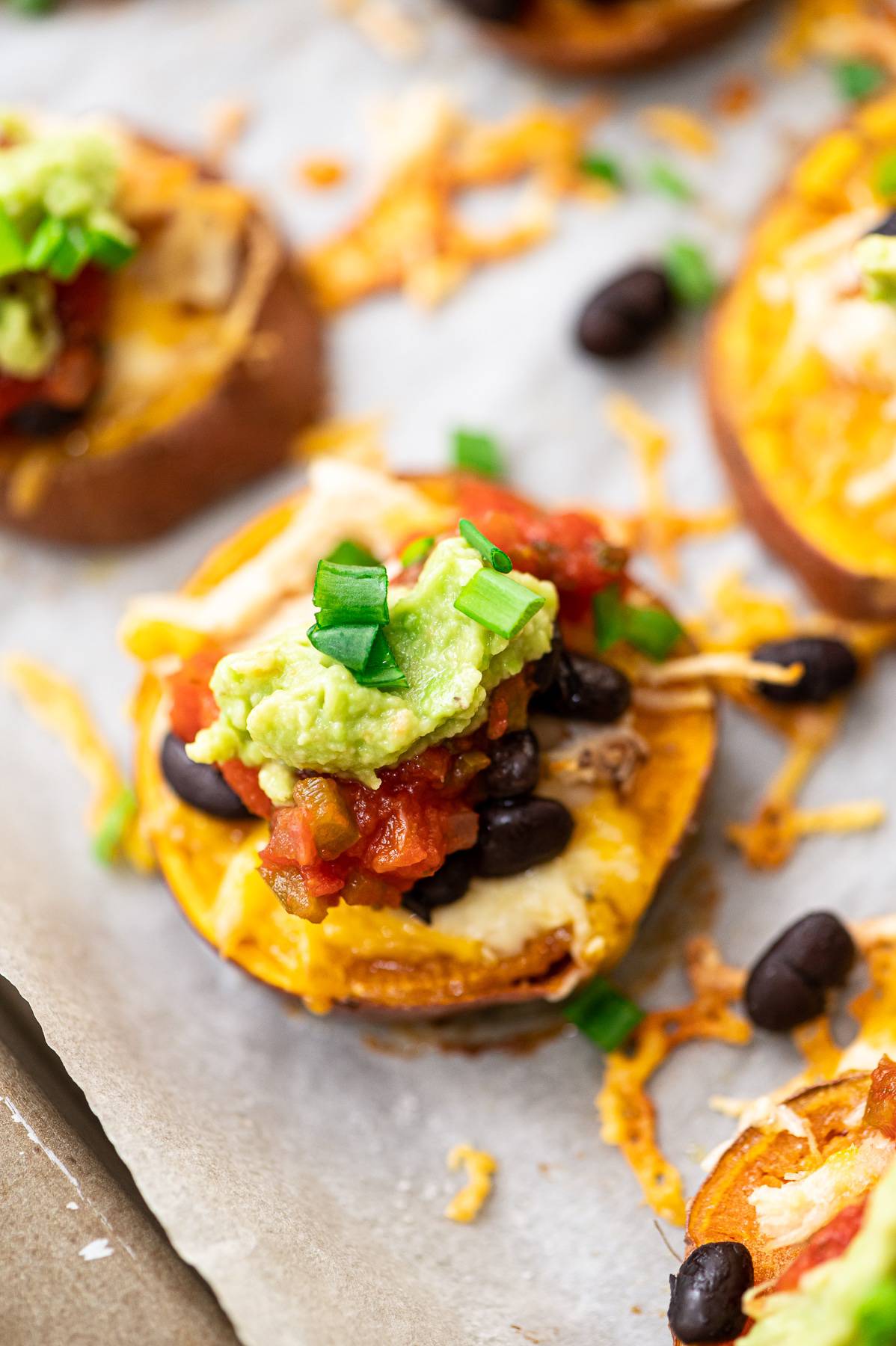 Sweet Potato sliders with nacho toppings.