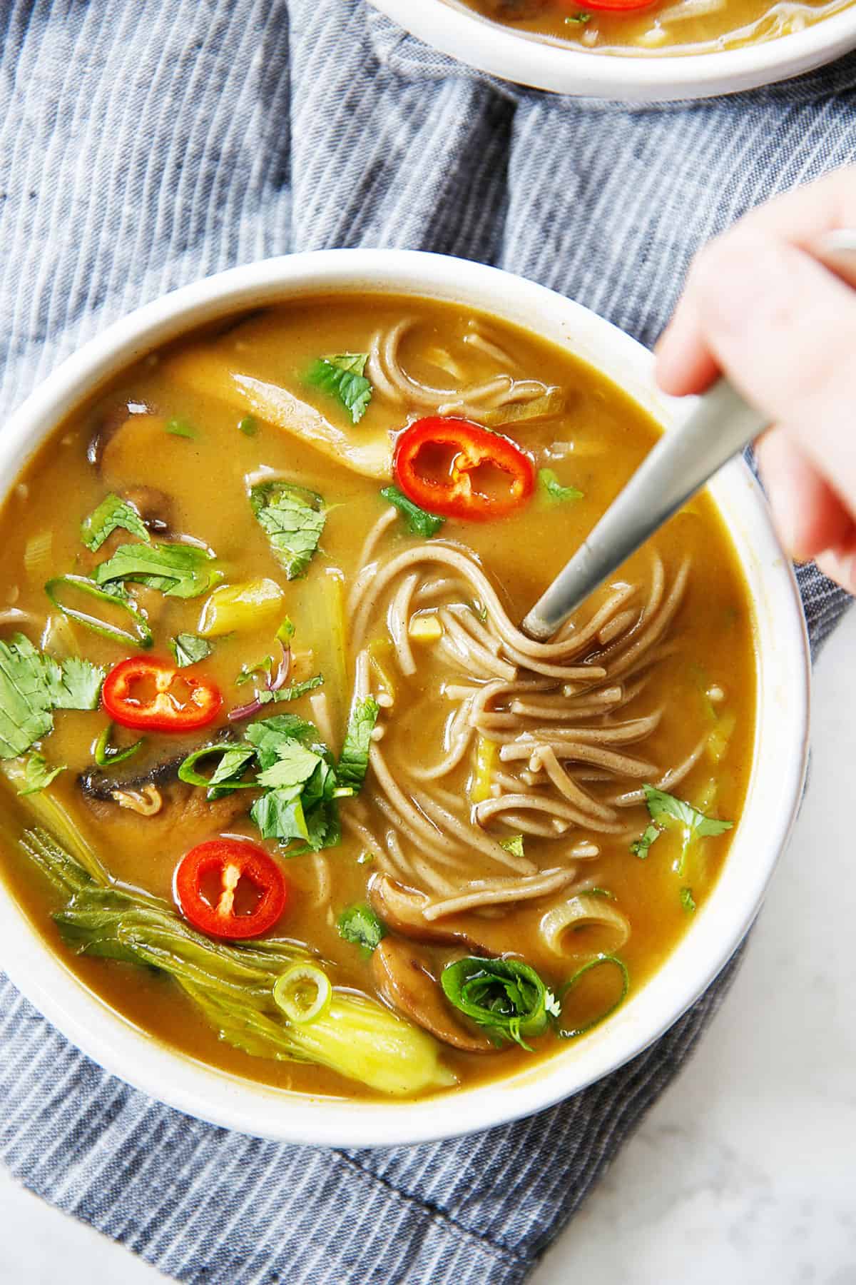 A bowl of spicy noodle soup.