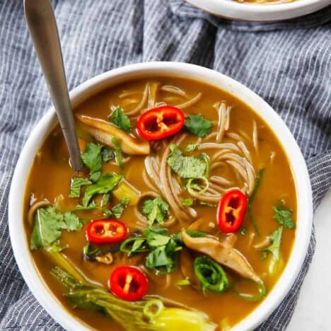 Spicy noodle soup in a bowl.