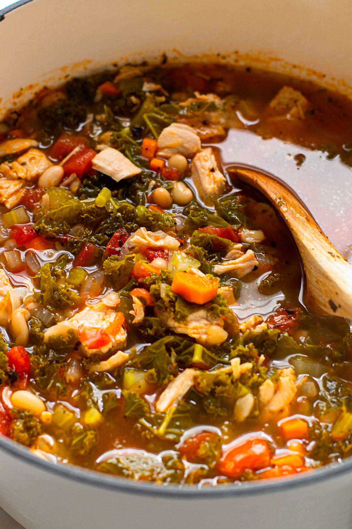 A pot of turkey kale soup.