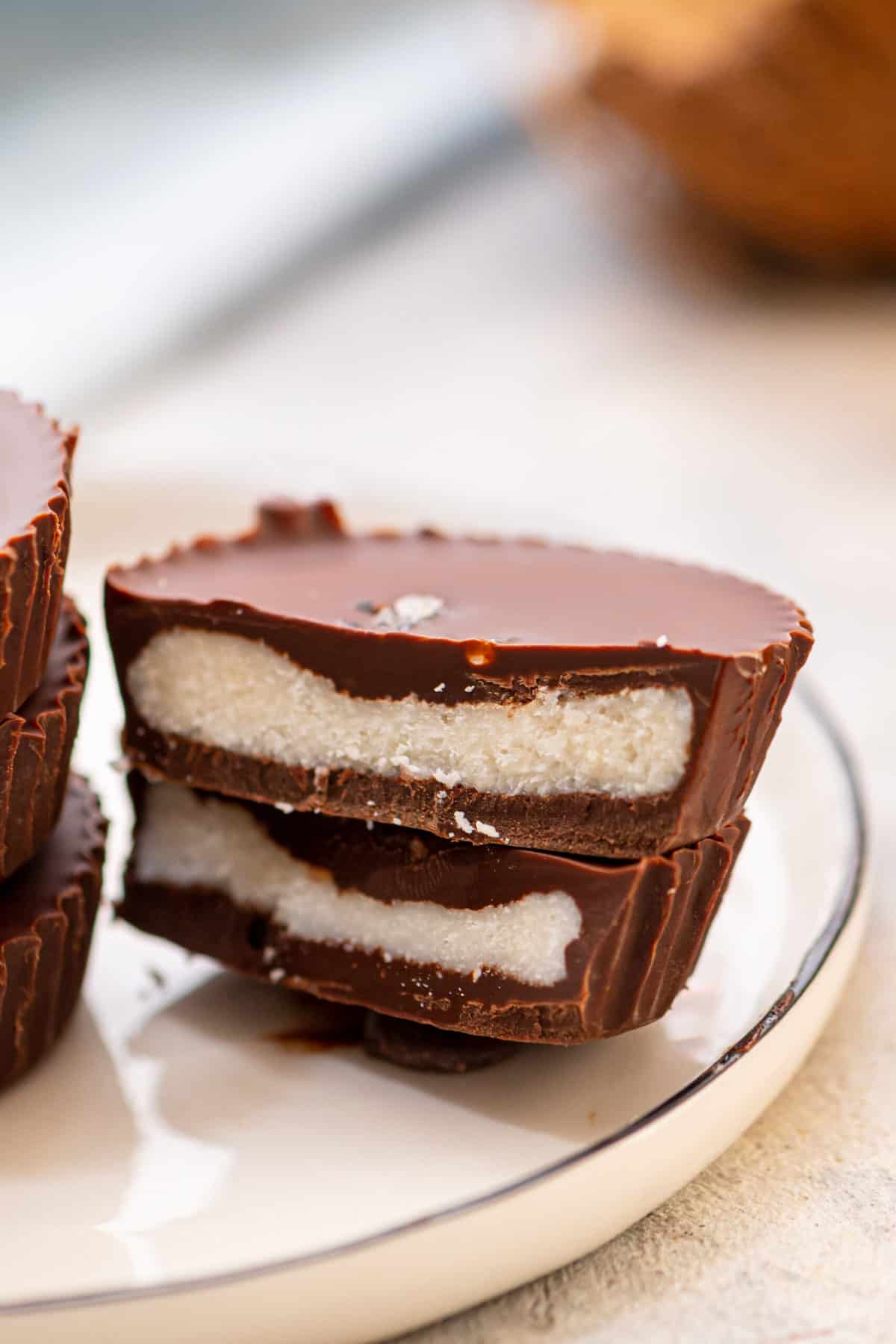 Two mint coconut butter cups cut in half.
