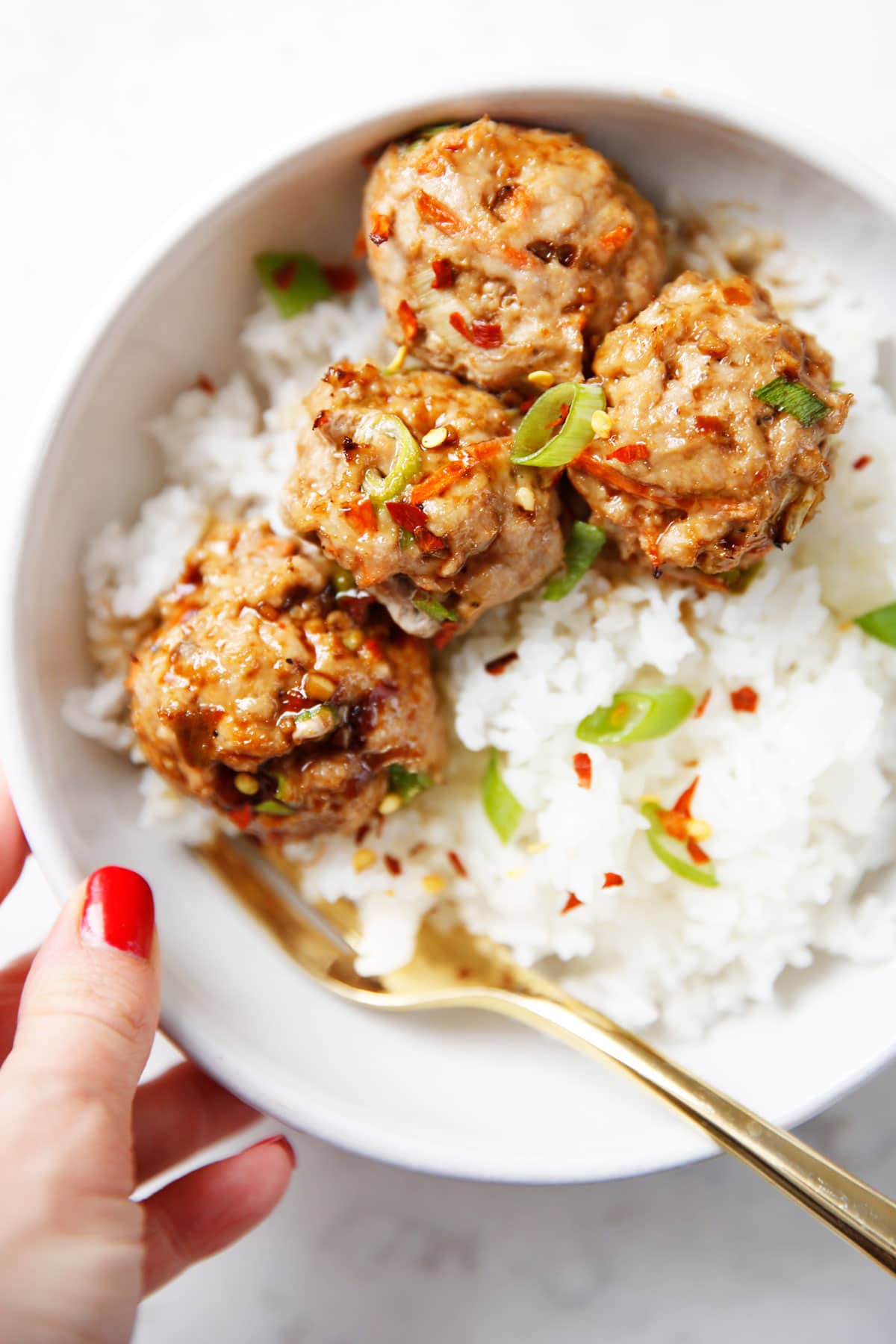 A bowl of turkey meatballs with rice.