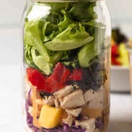 Thai chopped chicken salad in a mason jar.