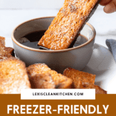 Baked French toast sticks being dipped into maple syrup with a text overlay.