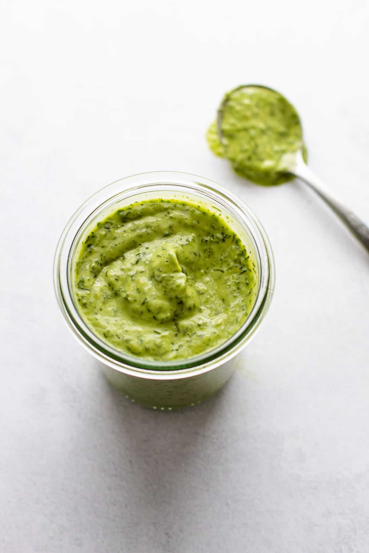 Green goddess dressing in a jar.