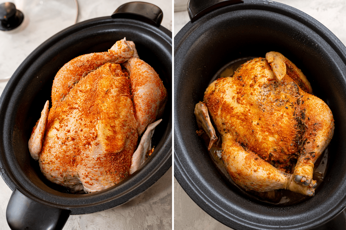 Whole chicken in the slow cooker.