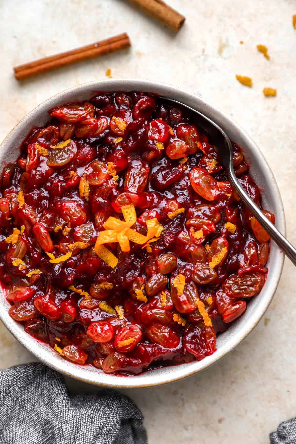 overhead of a bowl filled with cranberry orange relish.