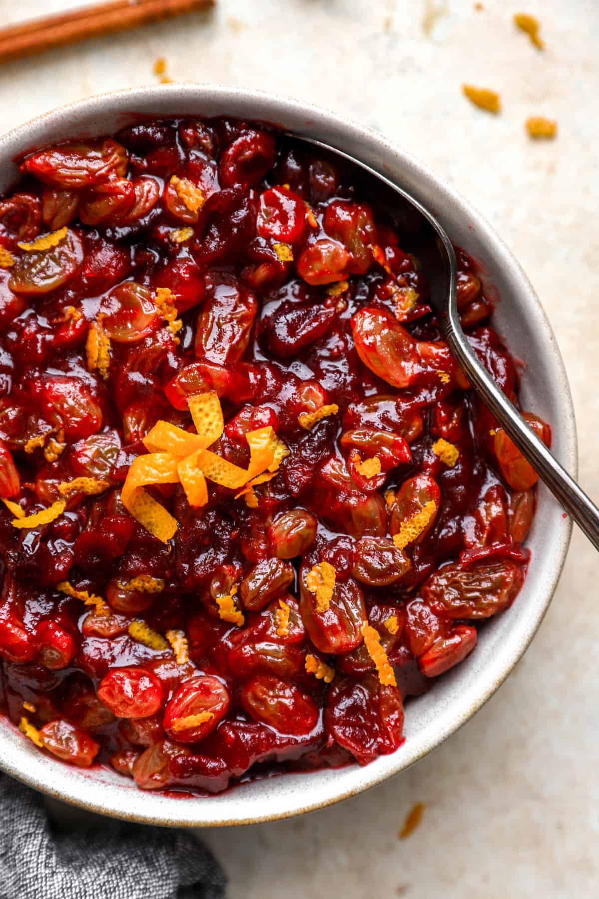 overhead of a bowl filled with cranberry orange relish.