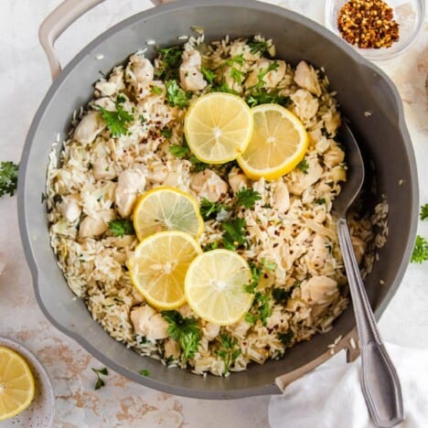 Lemon Chicken and Rice in a skillet.