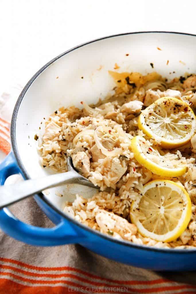 Lemon Garlic Chicken and Rice One-Pan Skillet - Lexi's Clean Kitchen