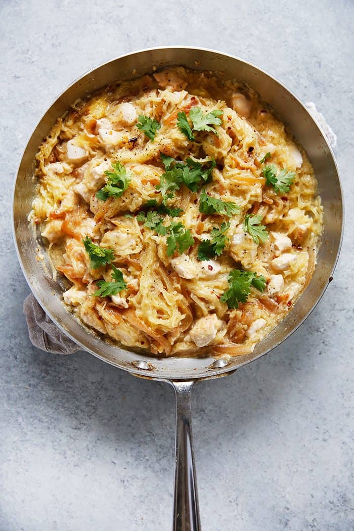 Spaghetti Squash Alfredo with Chicken and Caramelized Onions