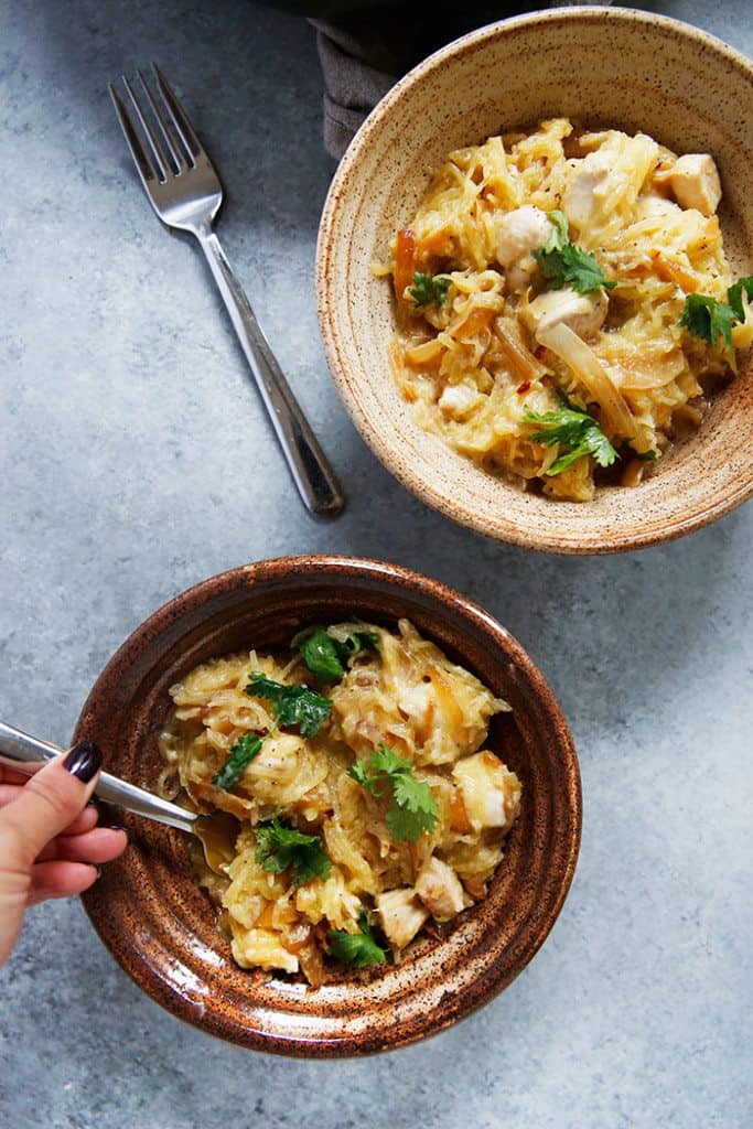Spaghetti Squash Alfredo with Chicken and Caramelized Onions