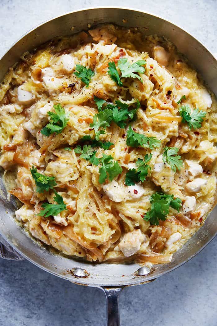 Spaghetti Squash Alfredo With Chicken And Caramelized Onions Lexi S Clean Kitchen