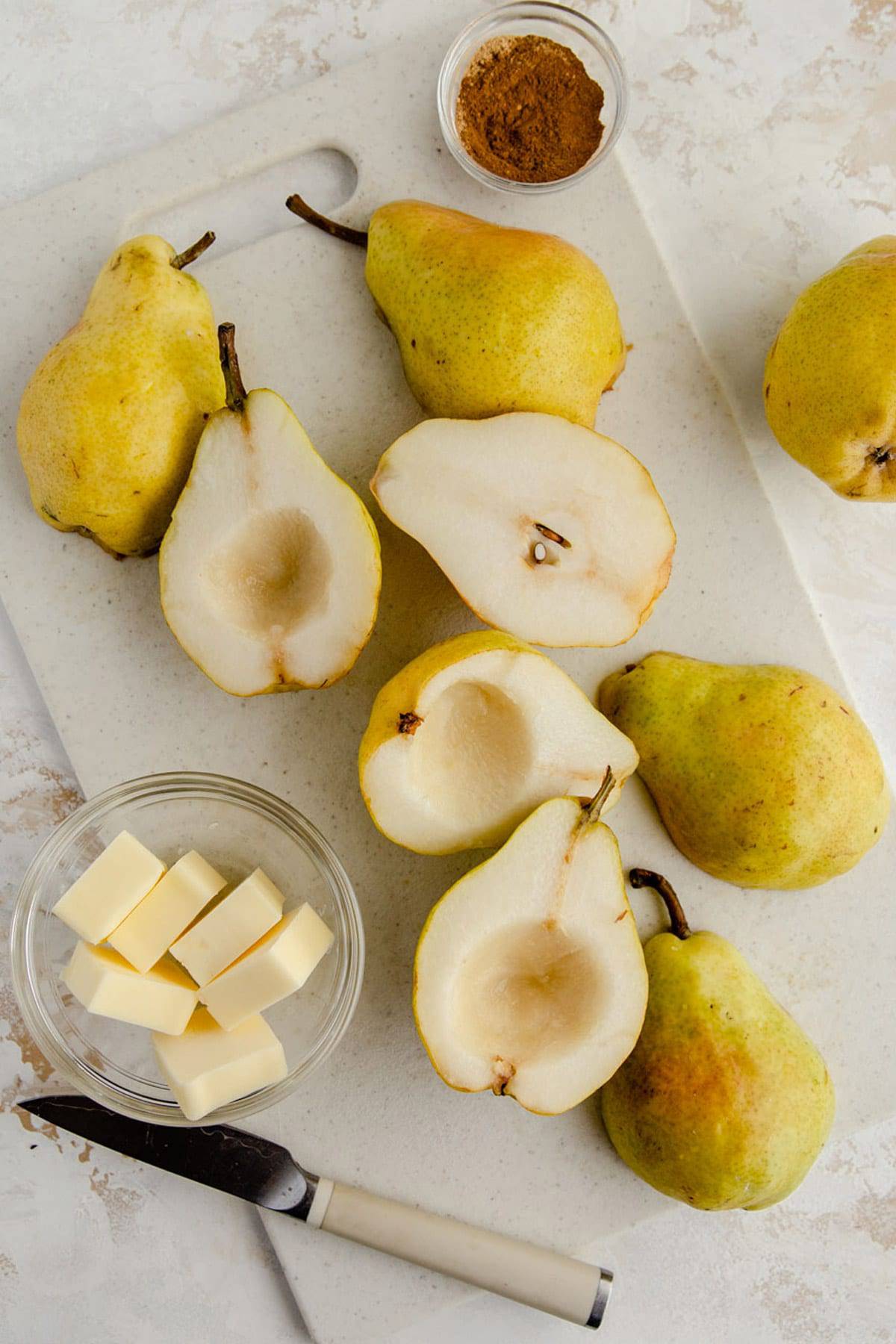 Pears being prepped for baking.