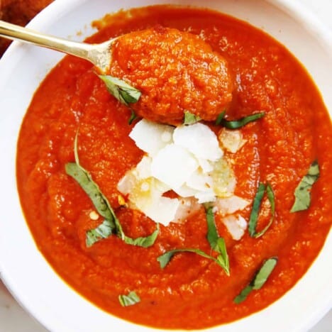 a spoonful of tomato basil soup