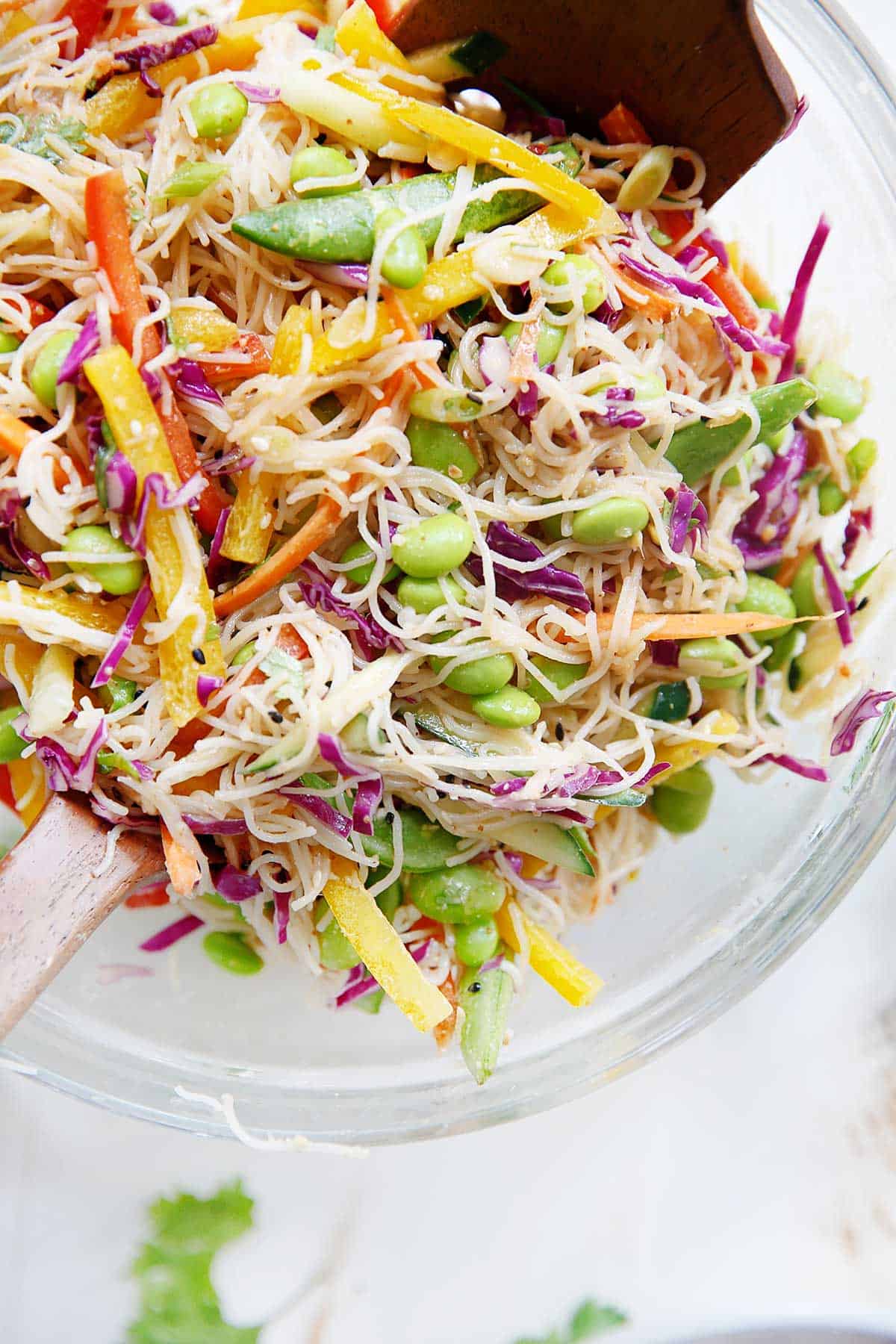 overhead of a serving bowl of cold Asian noodle salad.