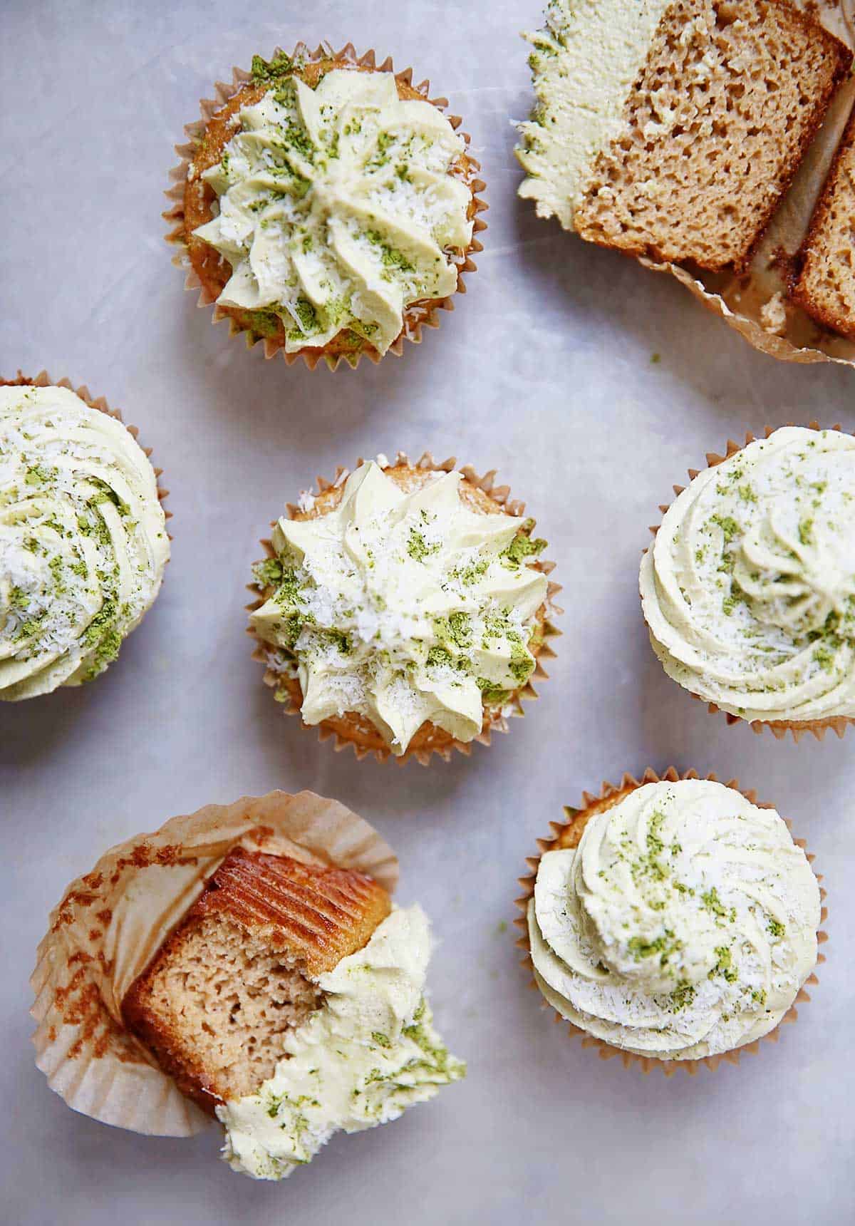 Paleo Cupcakes With Matcha Coconut Buttercream Frosting.