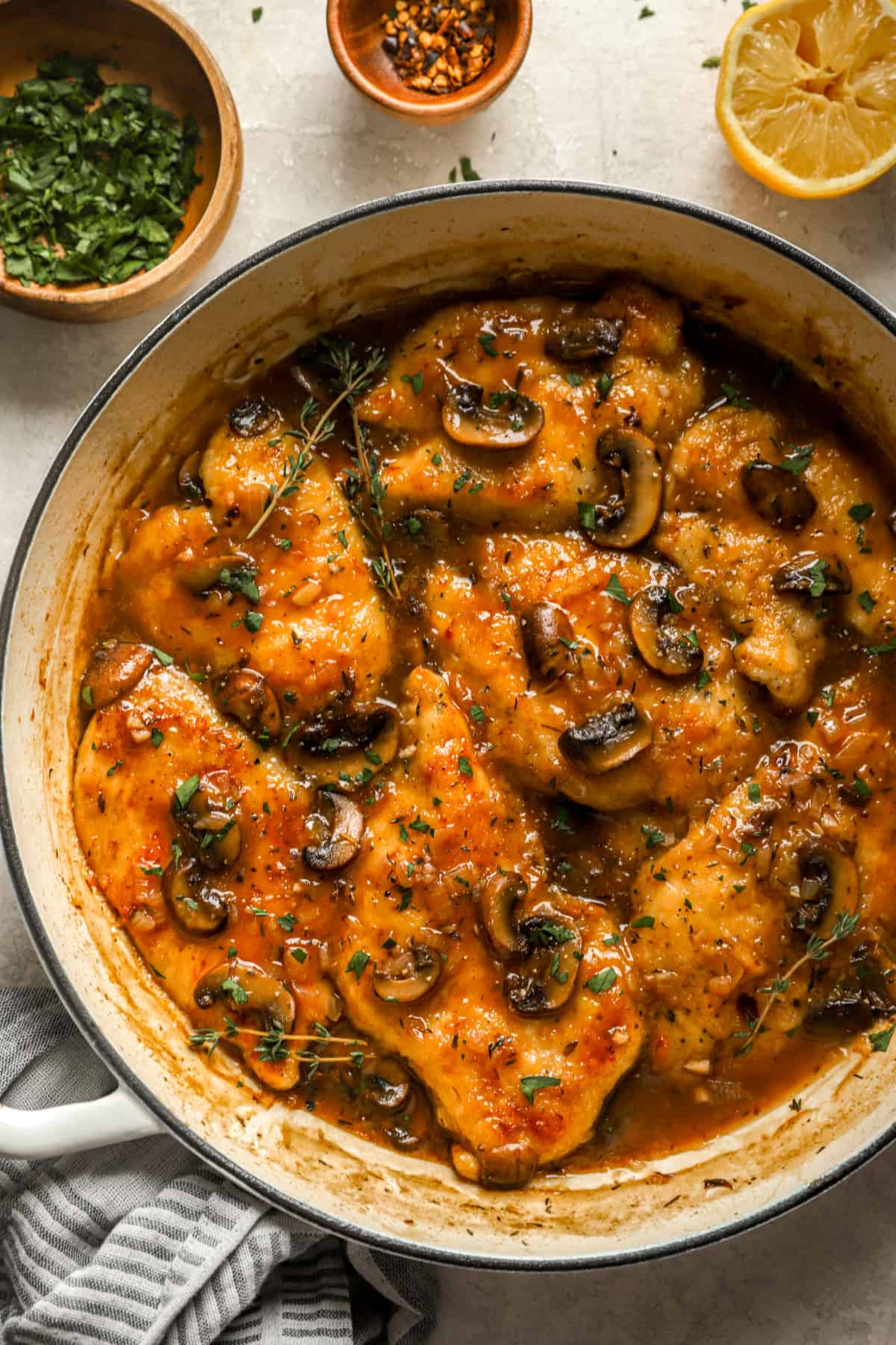 above image of chicken cutlets and mushrooms in marsala sauce.