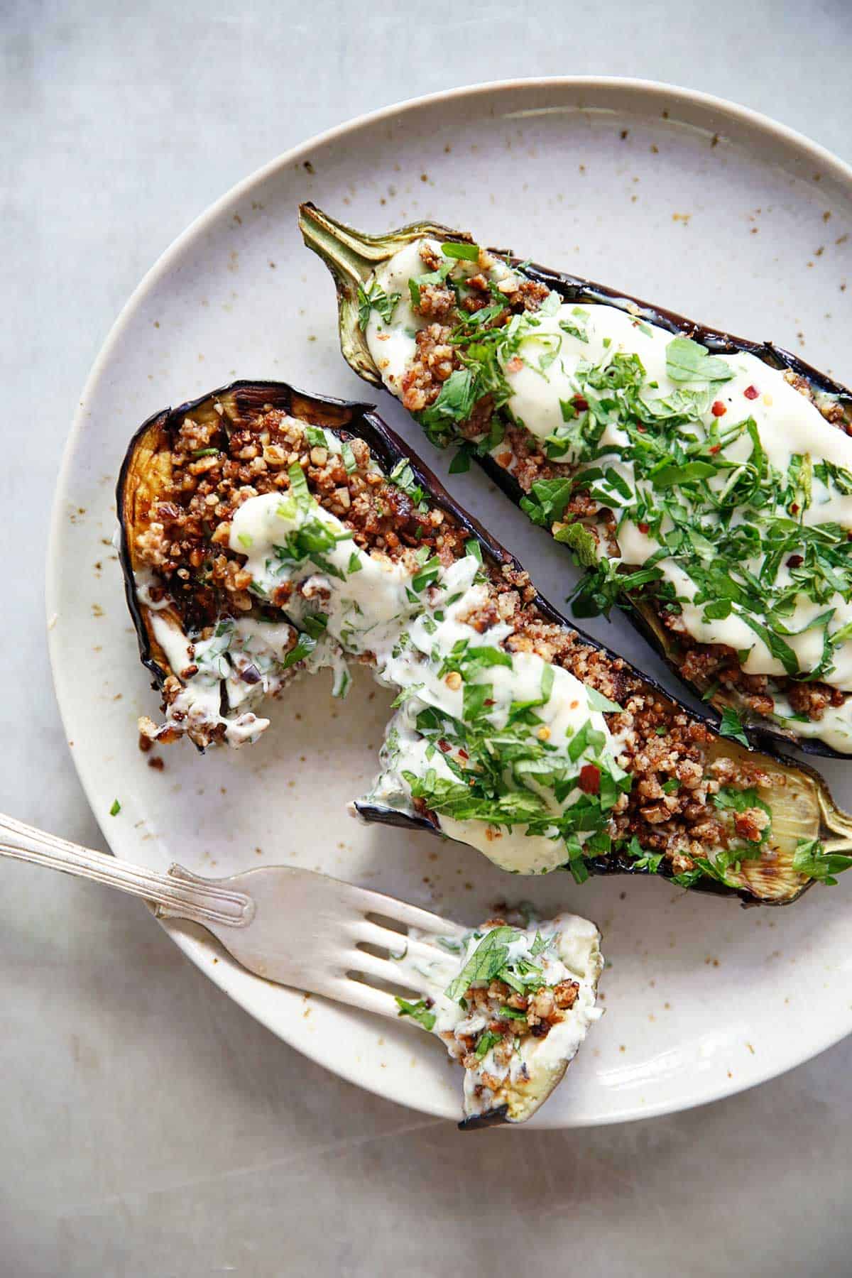Loaded Grilled Eggplant on a plate