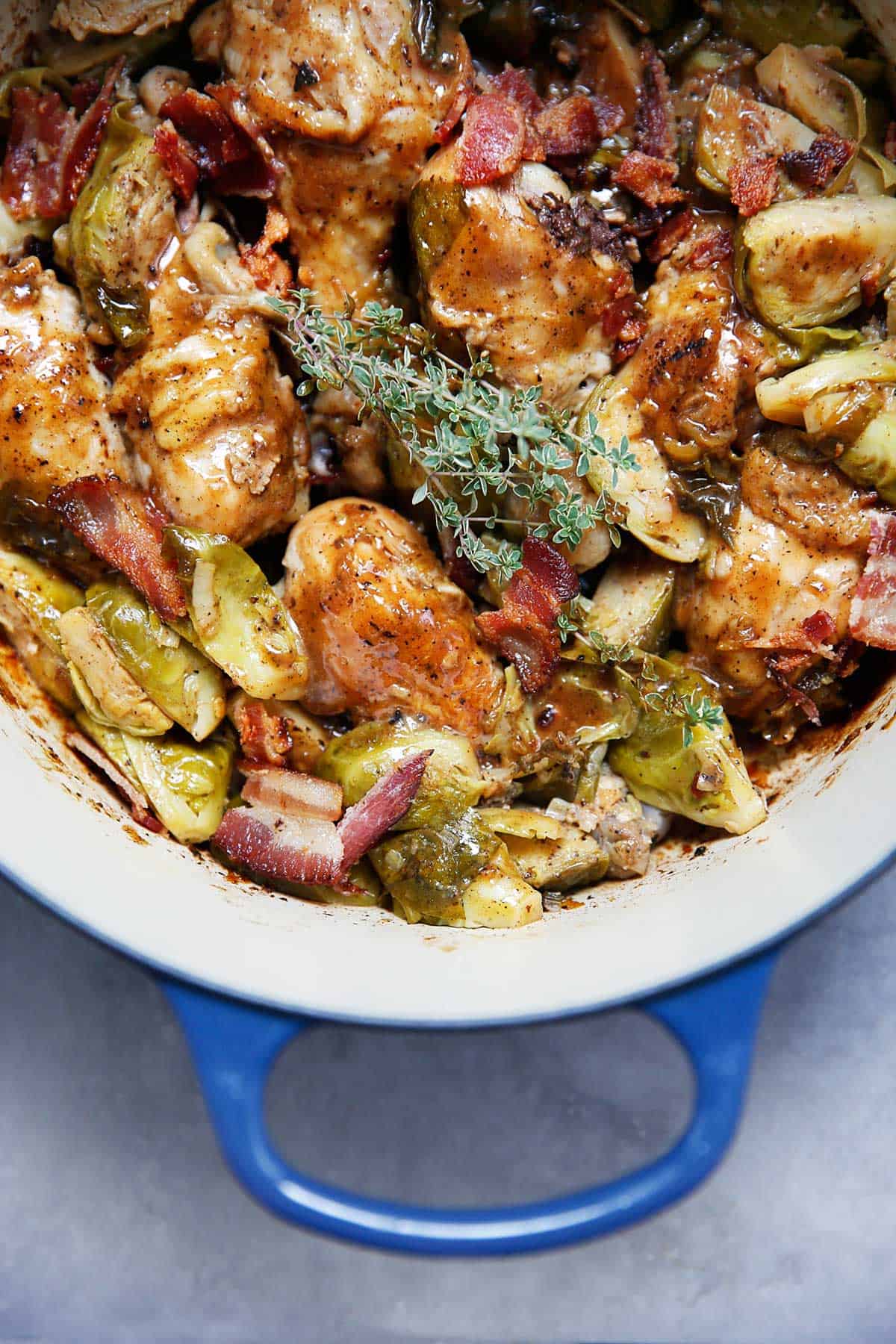 One Pot Apple Cider Braised Chicken Brussels Sprouts Bacon | Lexi's Clean Kitchen
