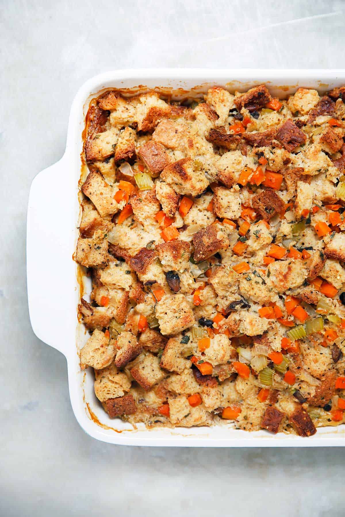 Gluten Free Stuffing in a casserole dish.