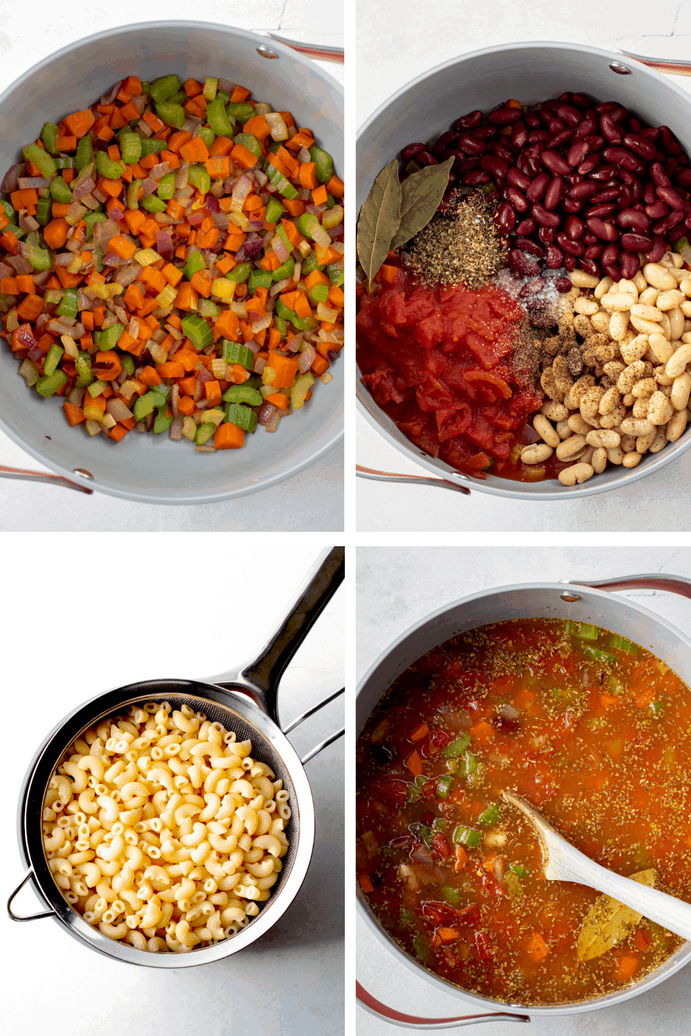 Images of the preparation of minestrone soup.