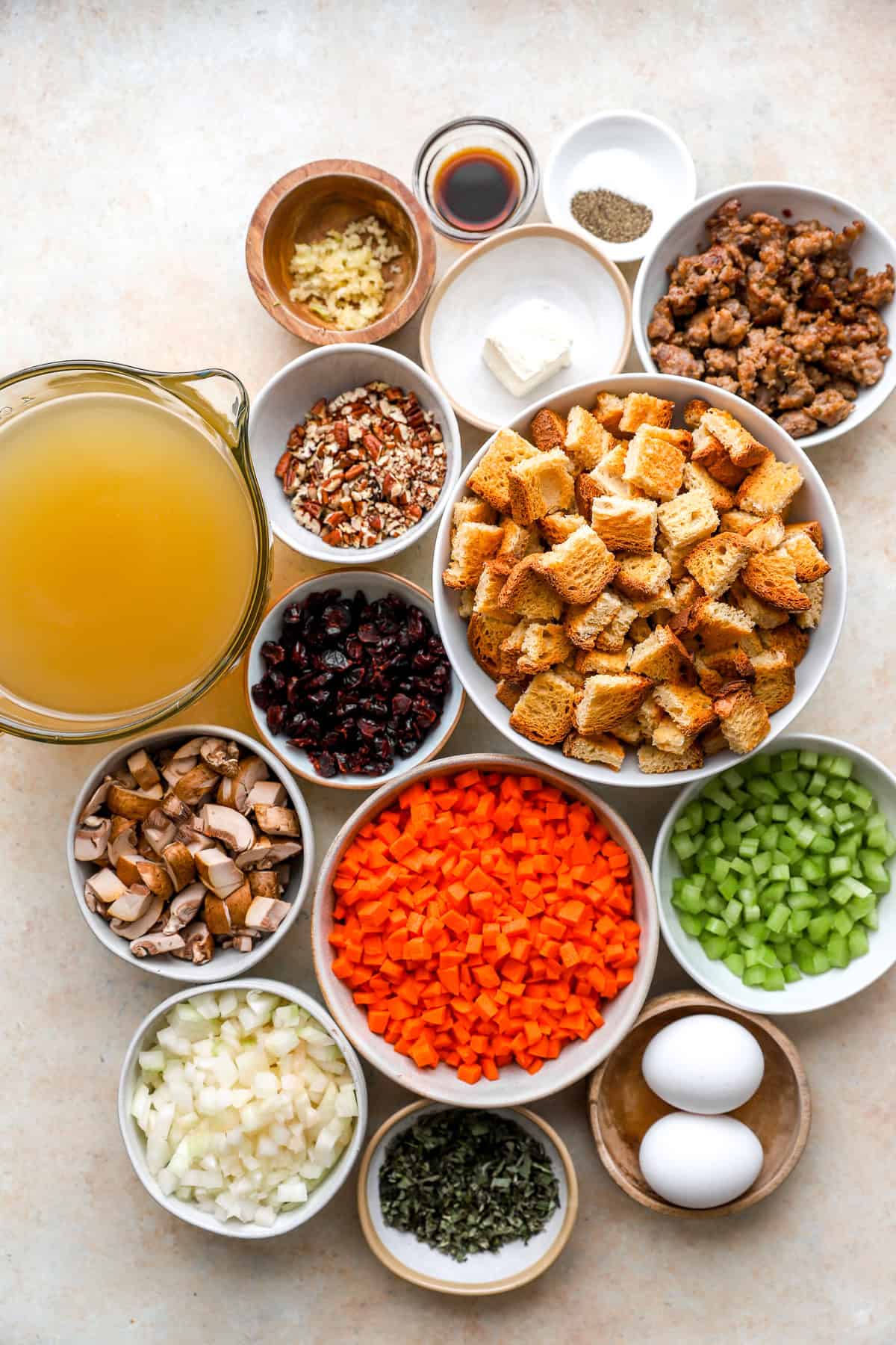 all ingredients laid out in mixing bowls for the gluten free stuffing.