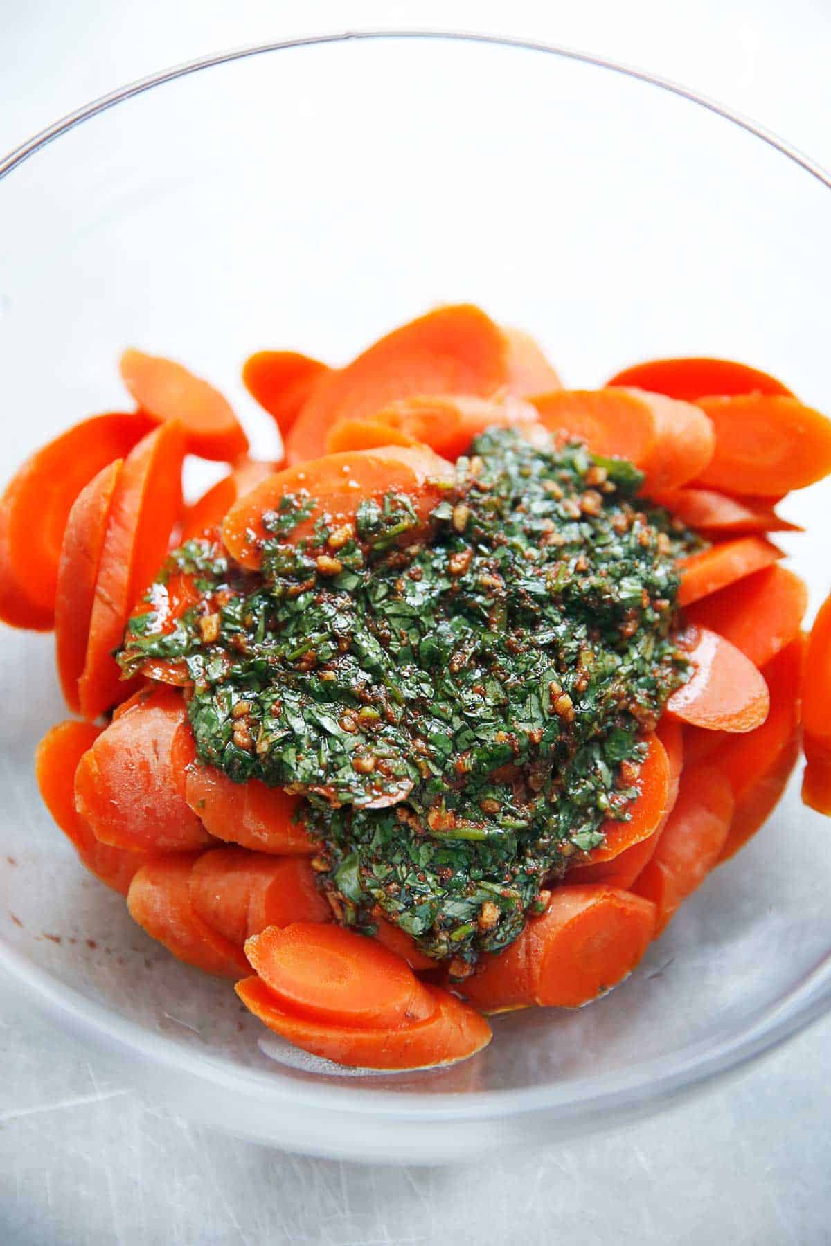 Moroccan Chermoula Sauce Over Steamed Carrots 