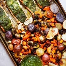 Sheet Pan Root Vegetable and Sage Pesto Salmon - Lexi's Clean Kitchen
