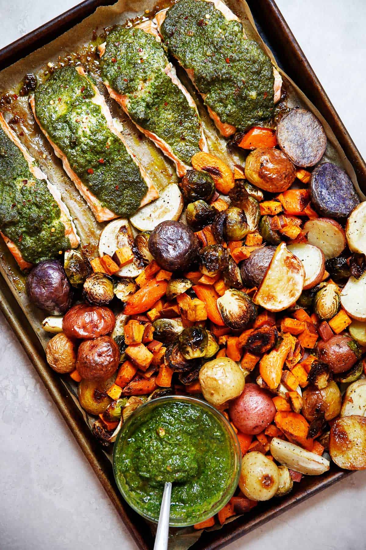 Sheet Pan Salmon with Sage Pesto and Root Vegetables