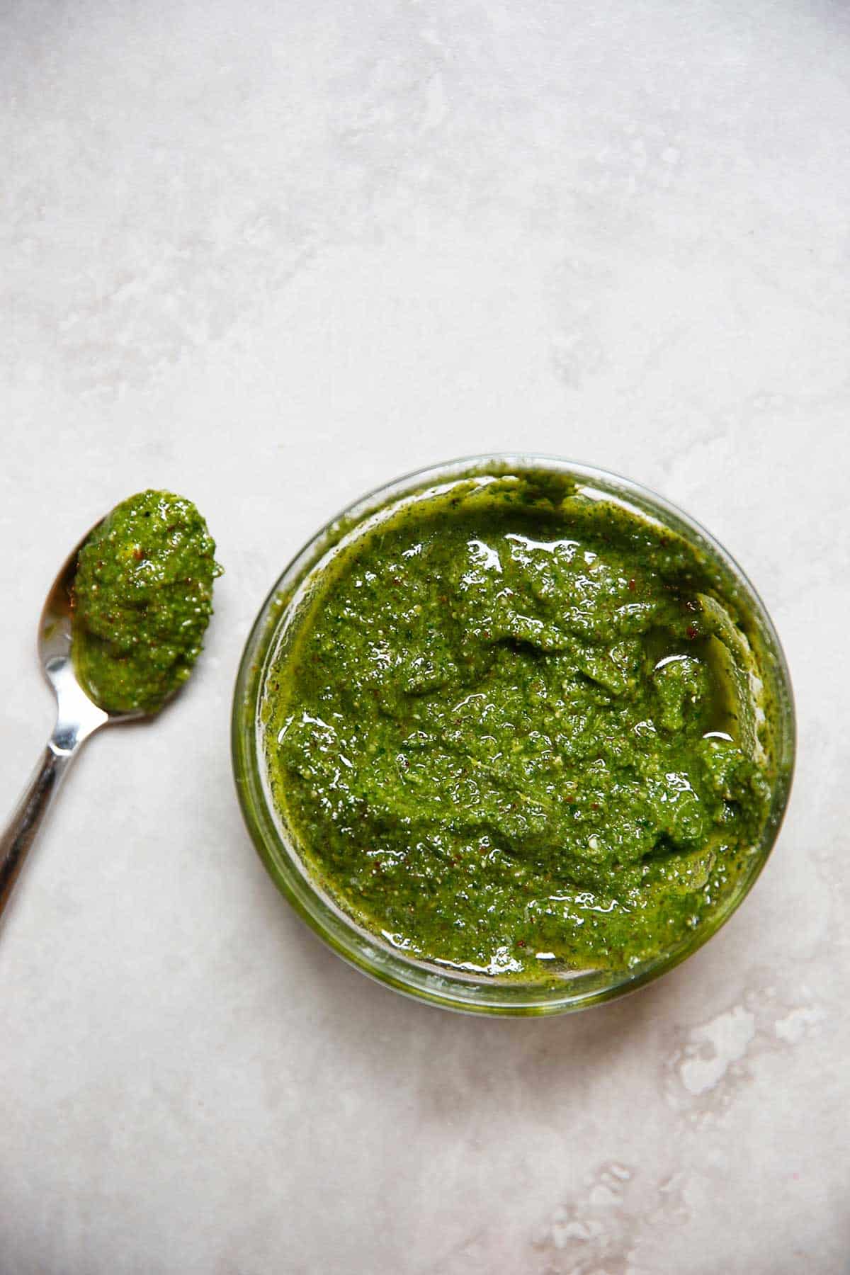 Sage pesto with spoon