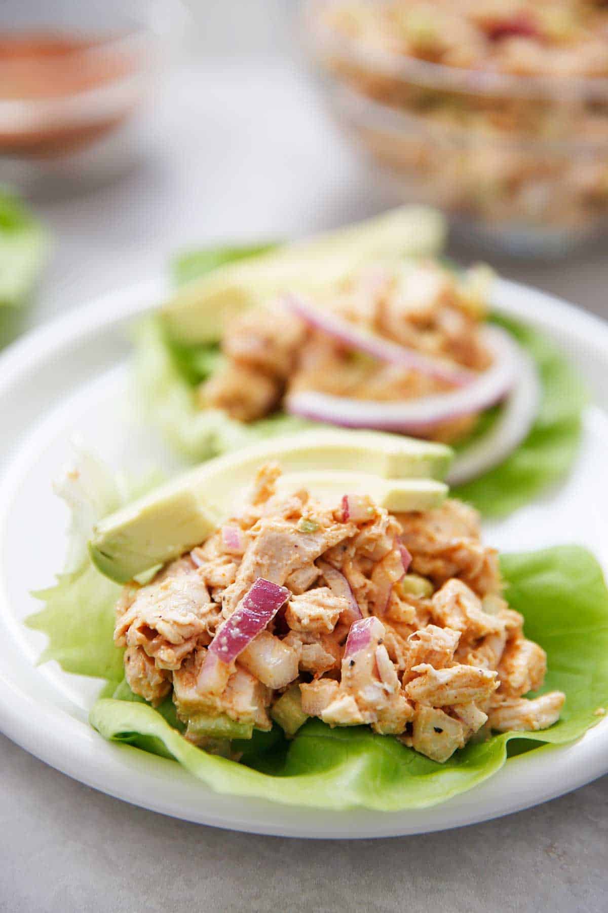 Smoky Chicken Salad lettuce wraps with avocado