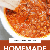 A pot of homemade meat sauce image for Pinterest.
